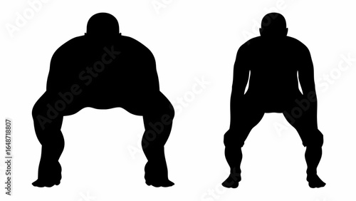 Two sumo wrestlers in shikona stance silhouettes facing away on a white background in a vector graphic | editable eps vectors