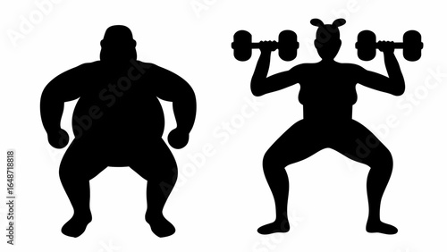 Silhouette of overweight man and woman lifting dumbbells in a squat position against white background | editable eps vectors