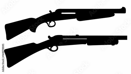 Two black silhouette illustrations of pump action shotguns on a white background are presented here | editable eps vectors