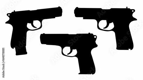Three black pistol silhouettes are arranged on a white background with varying orientations and positions | editable eps vectors