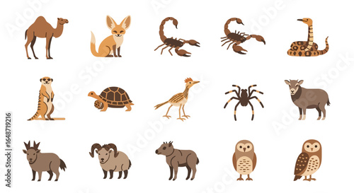 Collection of stylized desert animals in a flat vector icon style, featuring a camel, scorpion, fennec fox, and owl.