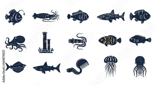 Collection of Stylized Deep-Sea Creatures:  Fish, Octopus, and Jellyfish Silhouettes
