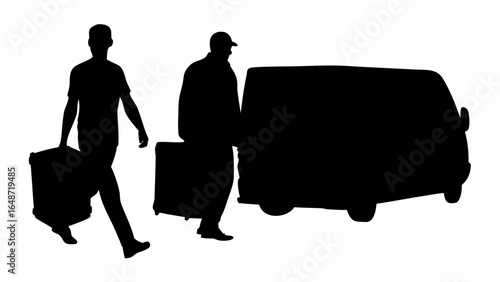 Silhouette of two men carrying luggage towards a van ready for travel or moving services depicted in black | editable eps vectors