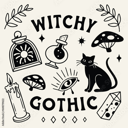 Enchanting witchy gothic sticker pack featuring celestial elements and mystical symbols for creative projects and digital art applications