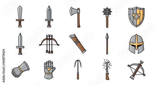 Colorful Cartoon Set of Medieval Knight Weapons and Armor Icons for Fantasy RPG Games