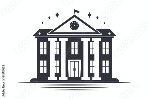 Minimalist Courthouse with Pillars and Clock on White Background