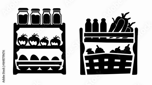 Illustration of a shelf with jars, tomatoes, and eggs, alongside a crate filled with peppers and bottles | editable eps vectors