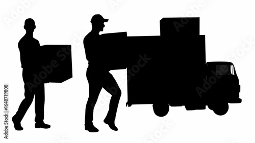 Silhouette of delivery men carrying boxes to a truck for moving services in black and white illustration | editable eps vectors