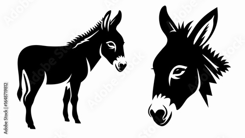 Two black and white donkey illustrations one full body and one close up of the head on a white background | editable eps vectors