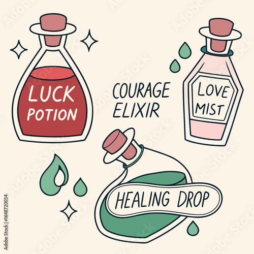 Fantasy potion bottle set for luck and enchantment featuring vibrant cmyk colors and classic typography
