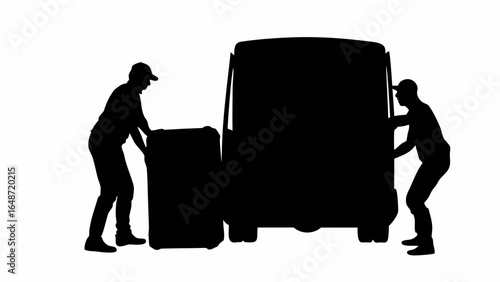 Silhouette of two movers loading a large box into a van against a white background in a simple style | editable eps vectors
