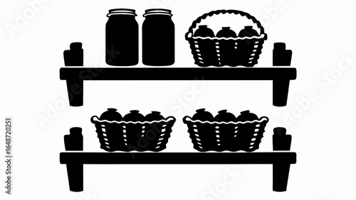 Silhouette illustration of two shelves with jars and baskets filled with food items displayed nicely | editable eps vectors