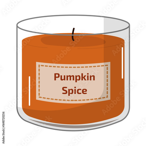 Vector illustration of pumpkin spice candle in glass jar with orange tint label isolated on white background.