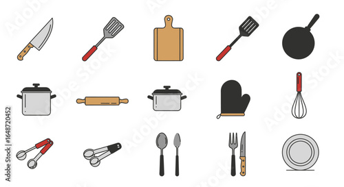Colorful kitchen utensil and cookware icon set featuring various cooking and baking tools with black outlines.