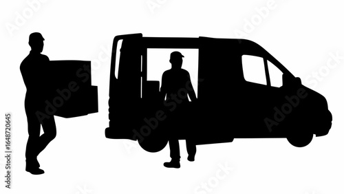 Silhouette of delivery men loading boxes into a van for transport and distribution services today only | editable eps vectors