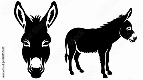 Silhouette of a donkey facing forward with a side profile of a donkey on a white background image | editable eps vectors