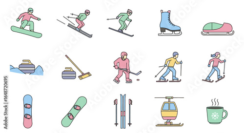 Colorful line art icon set of winter sports and recreation activities, including skiing, snowboarding, and hockey.