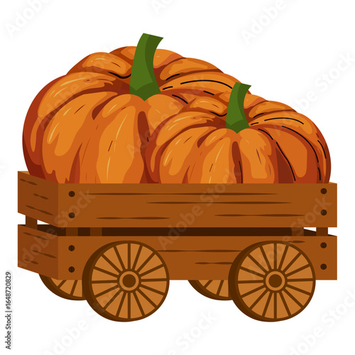 A cute illustration of a wooden cart filled with orange pumpkins, featuring green stems, on a white background.