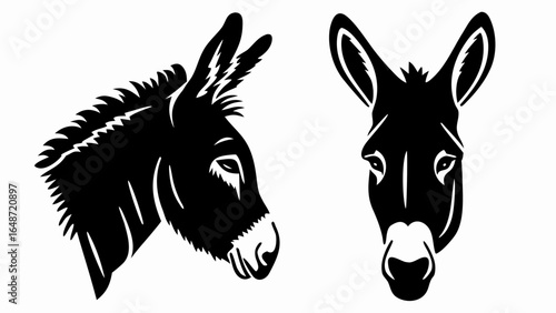 Two donkey heads in black and white showing side profile and front view on a white background vector art | editable eps vectors