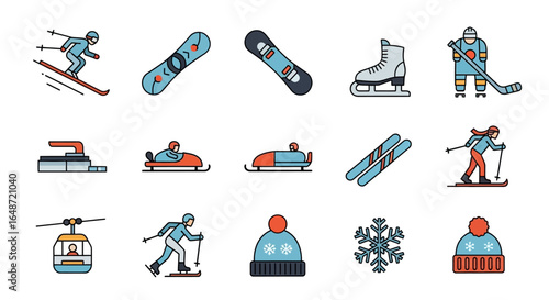 Colorful Winter Sports and Activities Icon Set in Flat Line Art Style