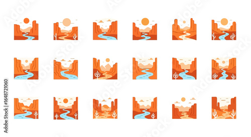 Desert Canyon Landscape Illustrations with River and Sun, Flat Design