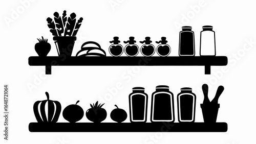 Silhouette of two shelves filled with jars, spices, vegetables and a potted plant in a kitchen scene | editable eps vectors