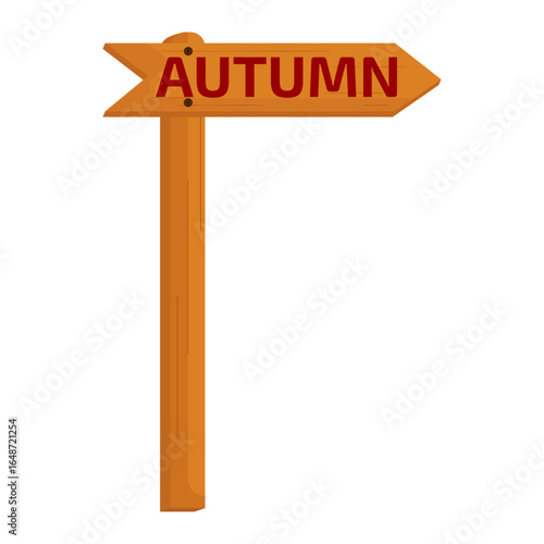 Vector illustration of a wooden signpost with an orange arrow pointing to the right and the words "AUTUMN" in red text on a white background.
