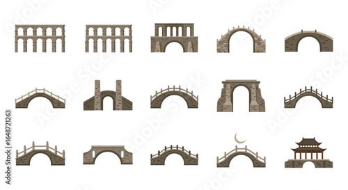 Diverse collection of ancient stone bridge illustrations, from Roman aqueducts to Asian footbridges, in a flat cartoon style.