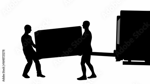 Silhouette of two people carrying a large box towards a truck for moving or delivery service shown | editable eps vectors