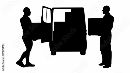 Two men loading boxes into a van with an open door in a black silhouette against a white background | editable eps vectors
