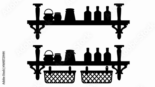 Silhouette of two shelves with bottles, jars, pots, and baskets in a kitchen or pantry setting | editable eps vectors
