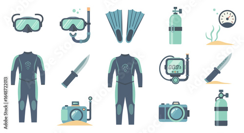 Flat vector icon set of scuba diving and snorkeling gear, including wetsuit, mask, fins, and tank.