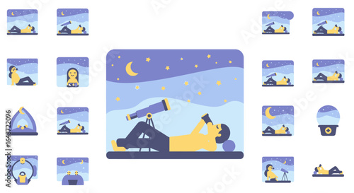 Flat vector illustration of a stargazer lying down, looking through a telescope at the moon and stars.