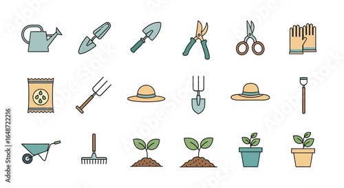 Gardening Tools and Plants Icons Set, Vector Illustration