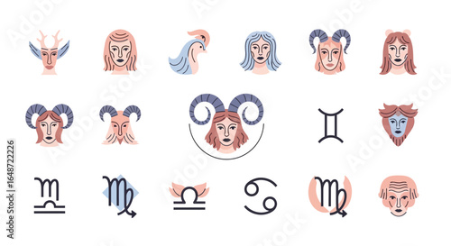 Flat Zodiac Signs: Colorful Zodiac Icons with Animalistic Features