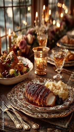  Experience an elegant holiday dinner scene featuring a beautifully set table, warm candlelight, and gourmet dishes, perfect for festive celebrations with loved ones.