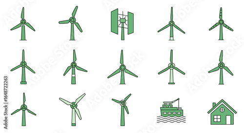 Green line art icon set of various wind turbines, an offshore vessel, and a house for renewable energy.