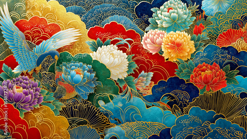 和柄壁紙 豪華な背景 和風デザイン 花模様 金色アクセント 伝統模様 高級感ある背景素材 壁紙デザイン 装飾用和柄 テクスチャー 商用利用可能 和風アート背景 印刷物デザイン用 高級和柄装飾 華やか背景 テキスタイルデザイン用 豪華壁紙 和の美