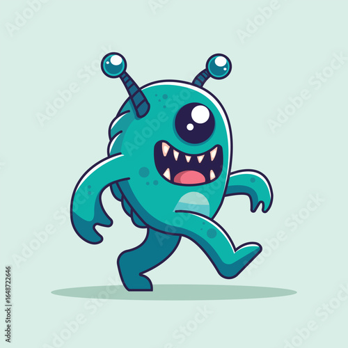 Cute Monster Alien Walking Cartoon Vector Icon Illustration. Animal Holiday Icon Concept Isolated Premium Vector. Flat Cartoon Style