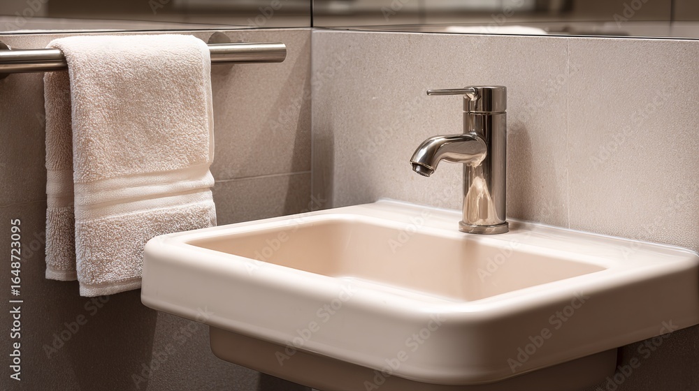Fototapeta premium Modern bathroom sink with stylish faucet and neatly hung towel, embodying elegance and simplicity.