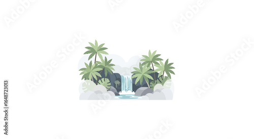 Serene tropical jungle oasis illustration with a cascading waterfall, lush palm trees, and rocks.
