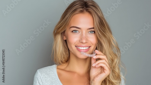 Young smiling woman hold in hand invisible transparent aligners, invisalign dental braces. 
