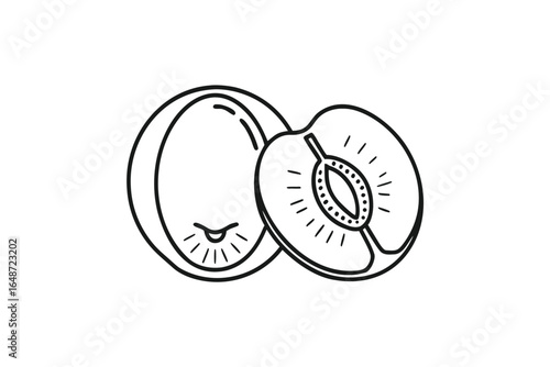 Stylized Line Art Peach Drawing, Outline of Fruit and Cross Section on White Background