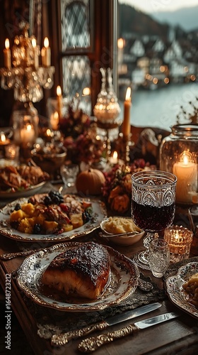 Discover an exquisite holiday dinner setting featuring a beautifully arranged table with elegant decor, gourmet dishes, and a warm ambiance by the riverside.