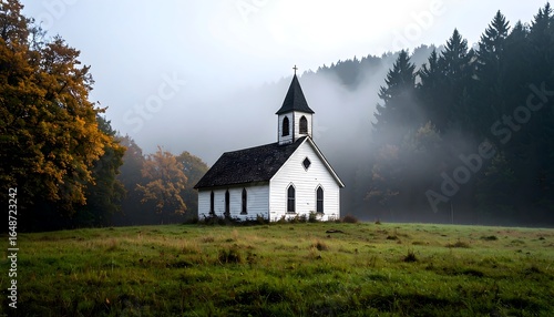 Serene White Church Amidst Misty Forest and Autumnal Foliage Landscape