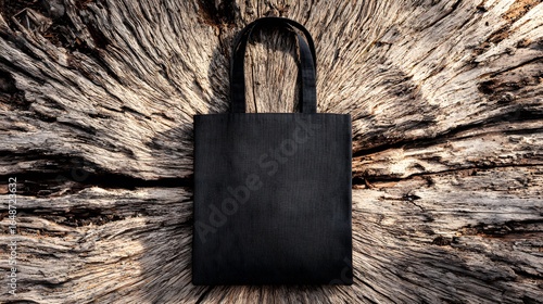 Black tote bag on weathered wooden background.