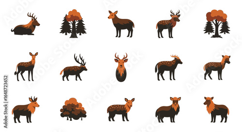Set of Stylized Deer and Trees in Various Poses, Featuring Flat, Two-Tone Graphic Design