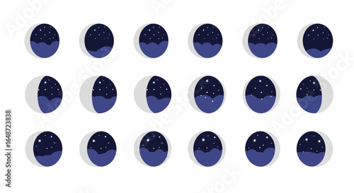 Stylized Celestial Orbs Illustrating Lunar Phases with Starry Night Sky