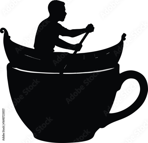 Silhouette of man rowing boat in oversized teacup