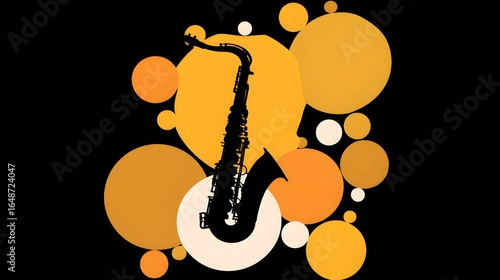 Silhouette of a saxophone surrounded by circles.